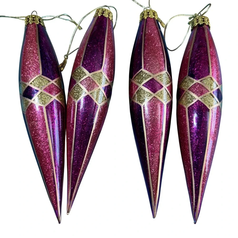 10 Purple Pink Gold Glitter Christmas‎ Ornament Set Harlequin Finial Round
